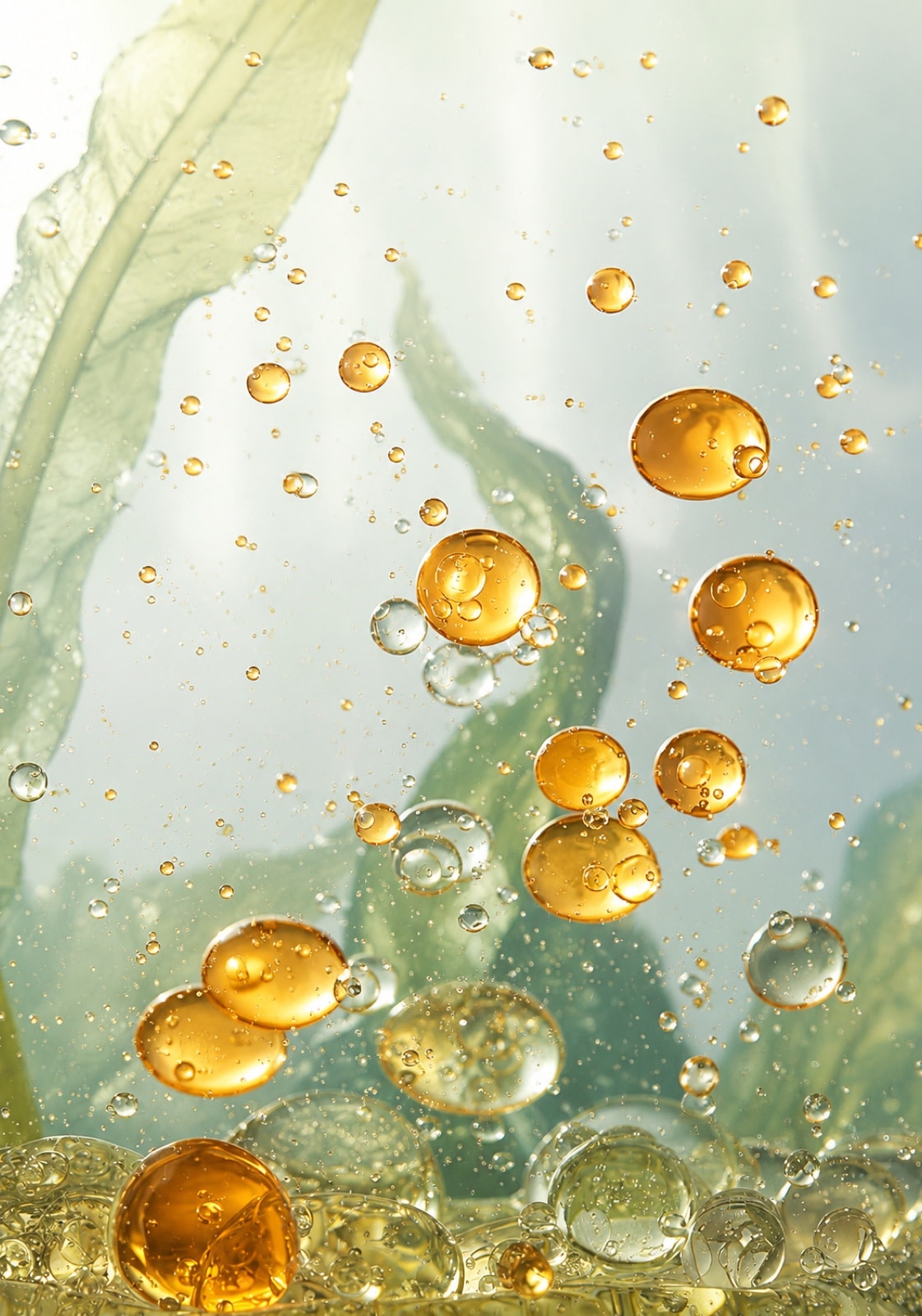 Golden oil droplets suspended in water with kelp in the background